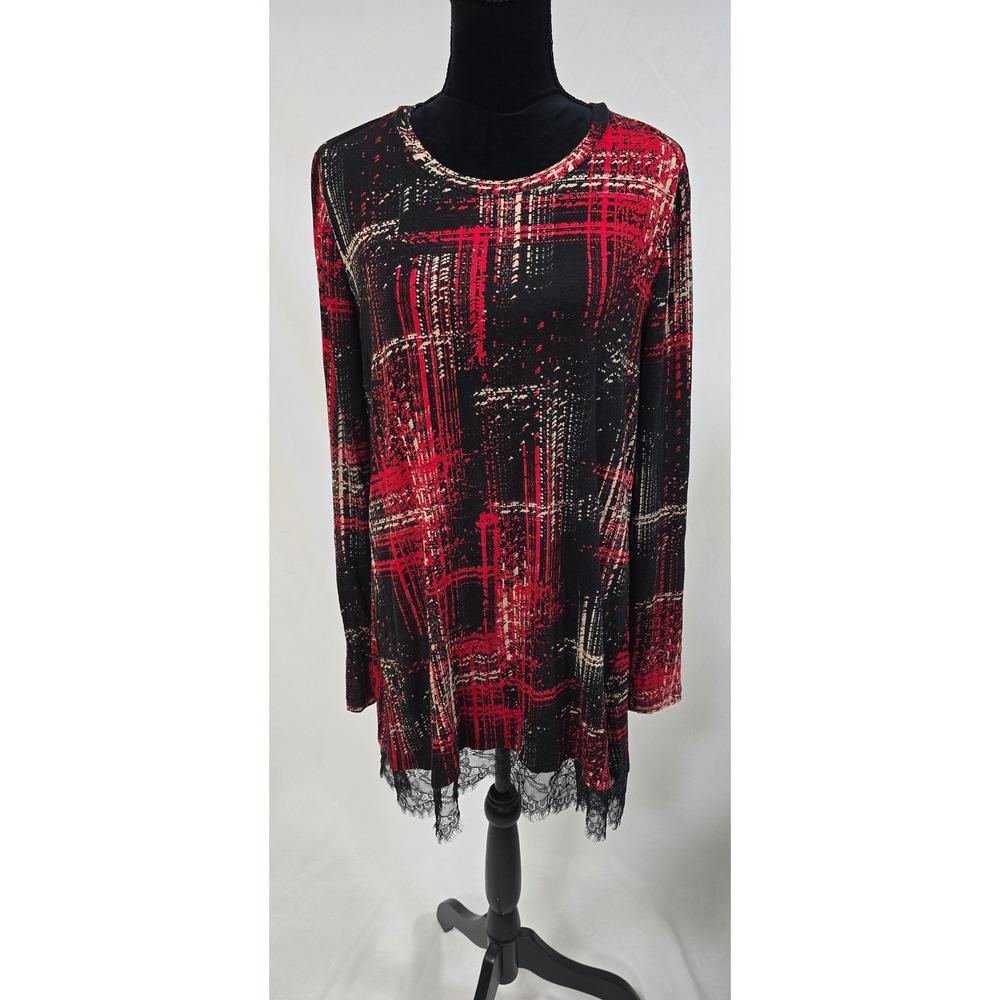 Logo by Lori Goldstein L tunic long sleeve red black lace rim abstract print